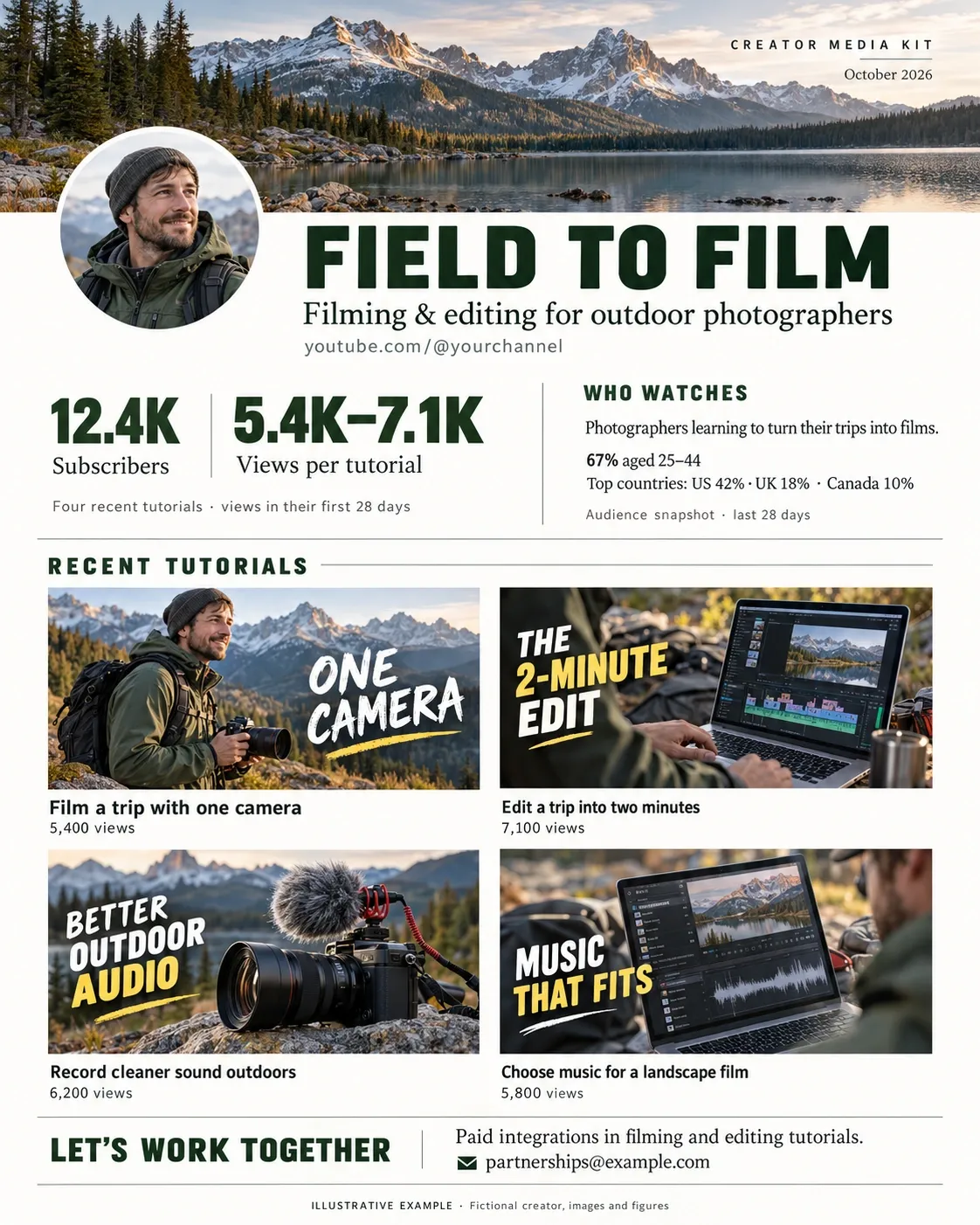 One-page media kit for the fictional outdoor filmmaking channel Field to Film: creator portrait and channel link, 12.4K subscribers, four recent tutorials with 5,400–7,100 views in their first 28 days, audience age and countries, video thumbnails and partnership contact.