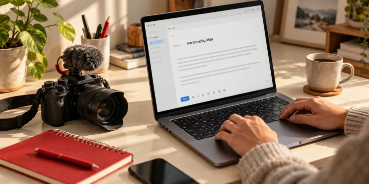 A camera and microphone beside a creator writing a partnership email on a laptop.